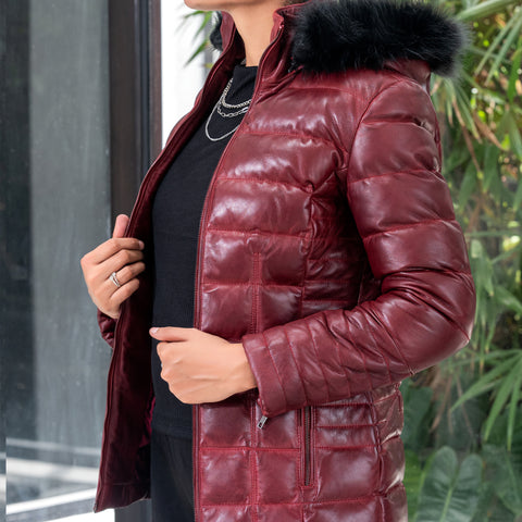 Women's Leather Puffer Jacket