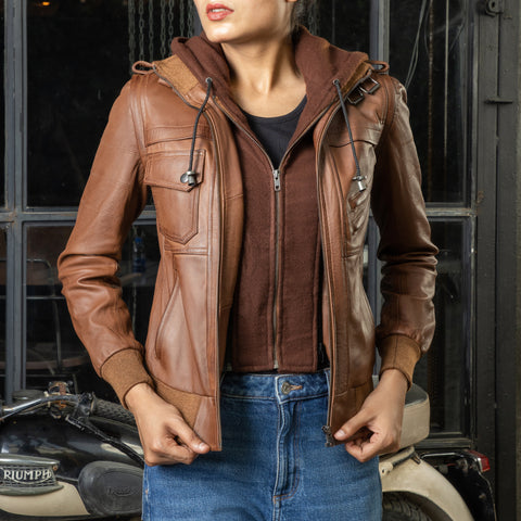 Womens Removable Hooded Leather Jacket