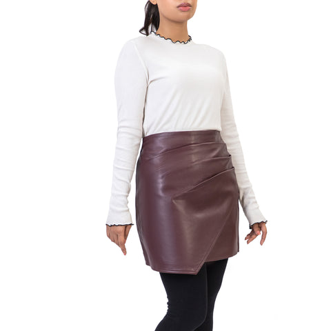 Pleated Ruched Wrap High Waisted Womens Real Leather Skirt