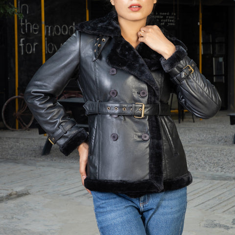 Women’s Black Double Breasted Real Shearling Leather Jacket