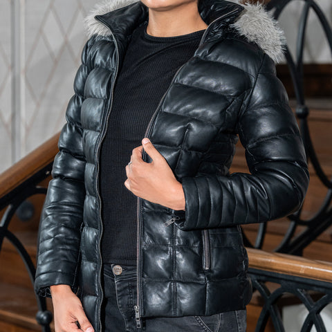 Women's Leather Puffer Jacket