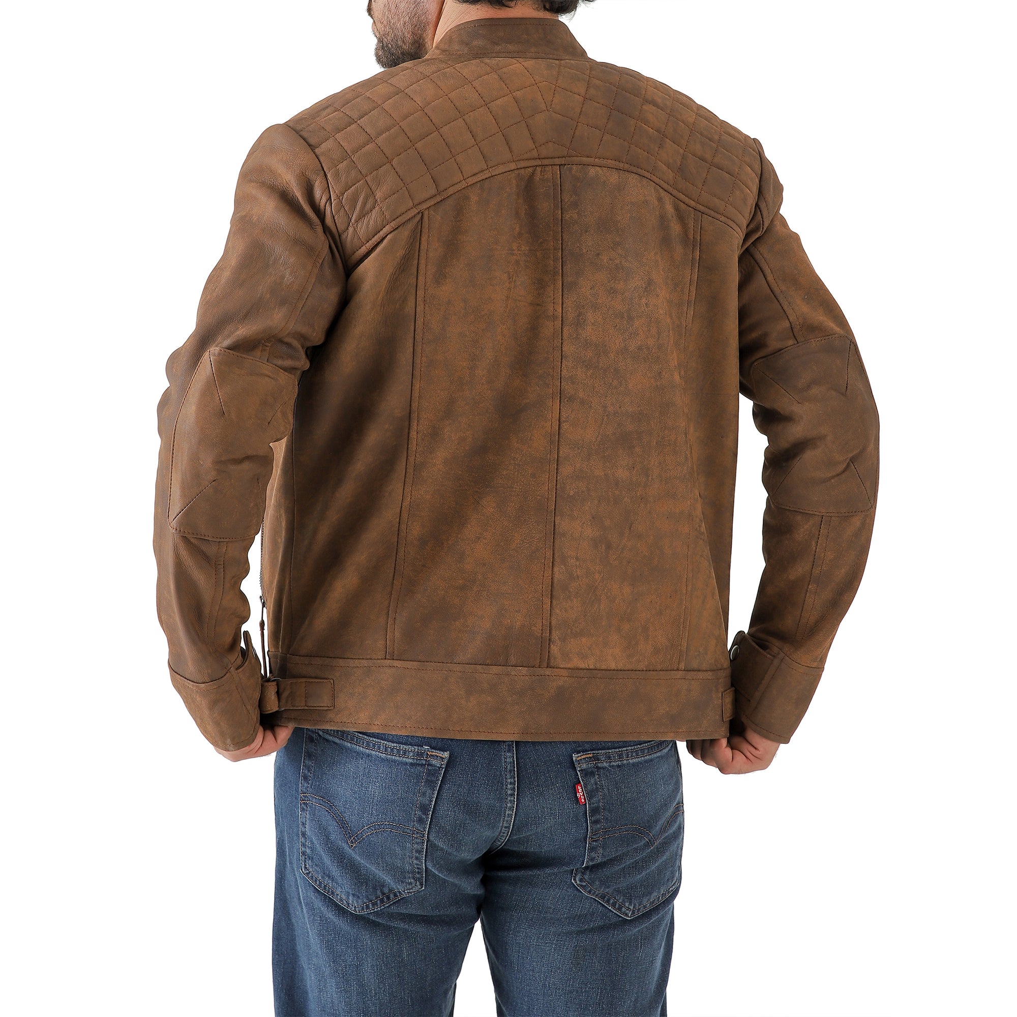 Men’s Vintage Brown Diamond Lambskin Waxed Leather Biker Jacket
