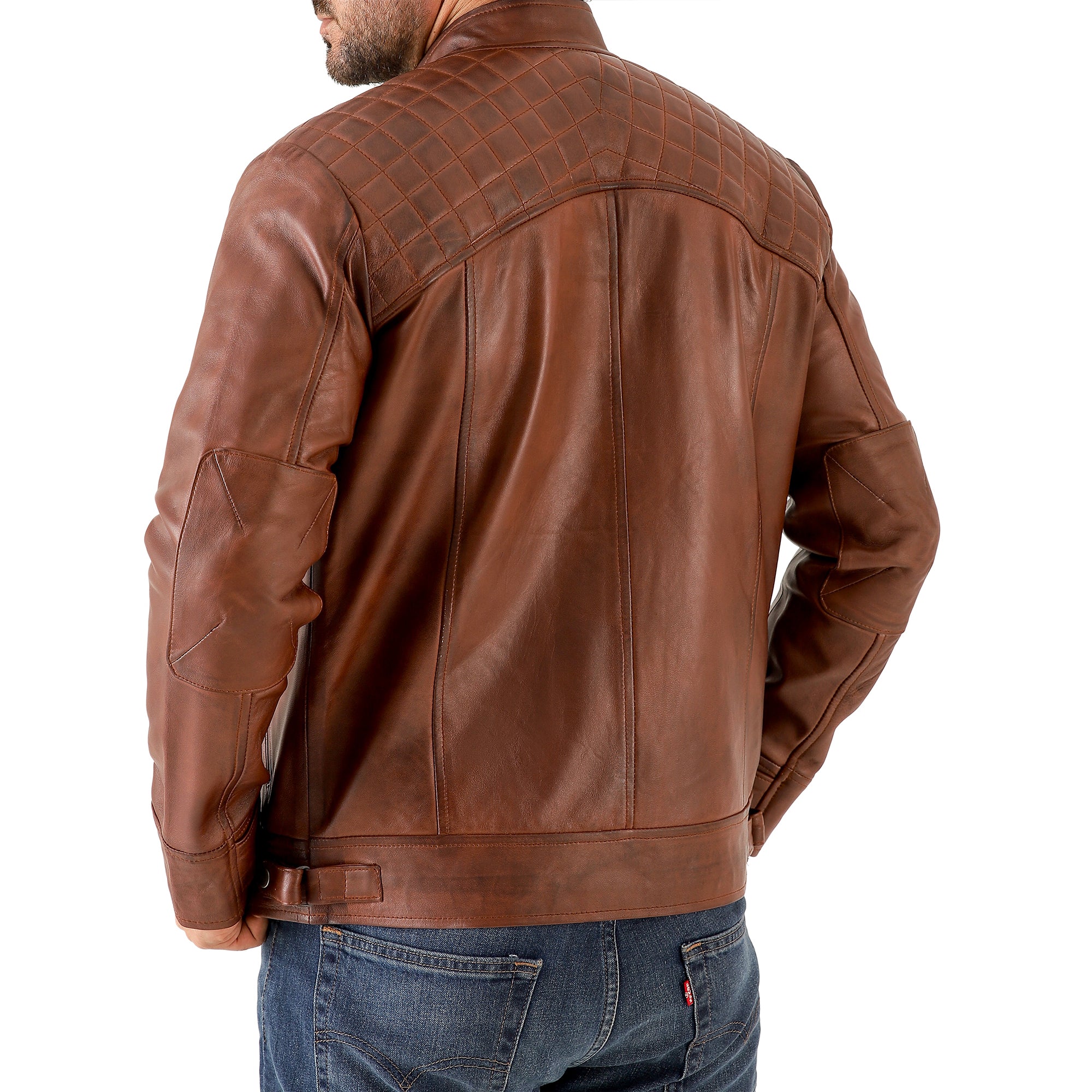 Men’s Vintage Brown Diamond Lambskin Waxed Leather Biker Jacket