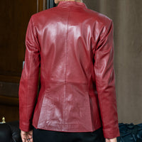 Mandarin Collar Genuine Leather Womens Coat
