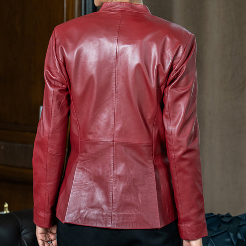 Mandarin Collar Genuine Leather Womens Coat