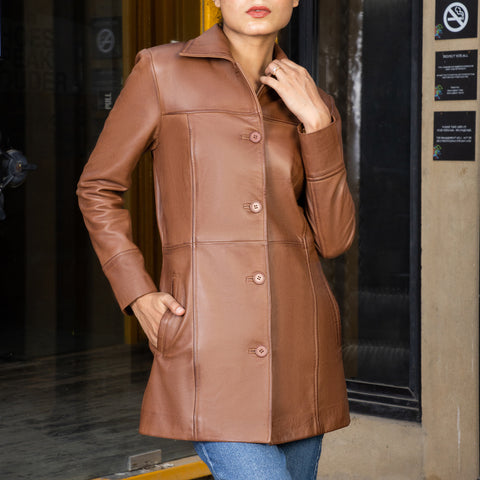 Women’s Real Leather 3/4 Length Car Coat