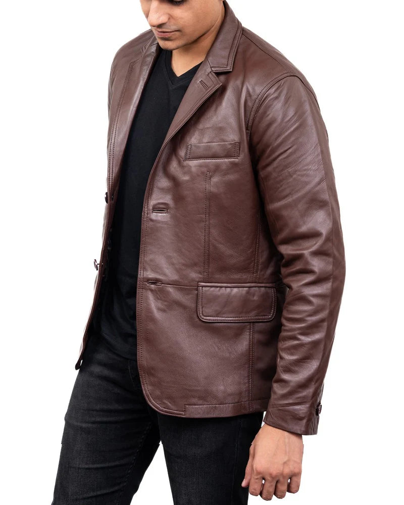 Men's 2-Buttons Lambskin Brown Leather Blazer