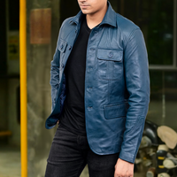 Men's 5-Buttons Lambskin Blue Leather Coat