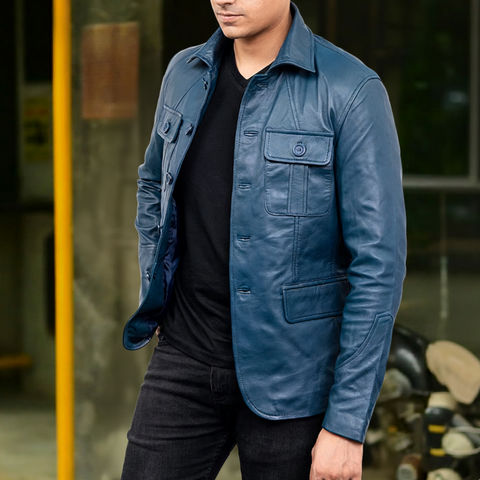 Men's 5-Buttons Lambskin Blue Leather Coat