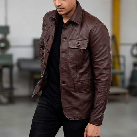 Men's 5-Buttons Lambskin Brown Leather Coat