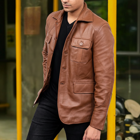 Men's 5-Buttons Lambskin Cognac Leather Coat