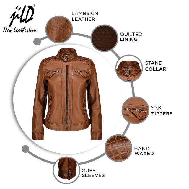 Café Racer Leather Jacket Women - Zip Up Moto Biker Style Casual Fashion Real Lambskin Women's Leather Jacket