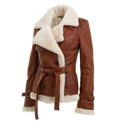 Women’s Tan Double Breasted Real Shearling Leather Jacket