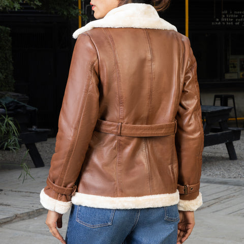 Women’s Tan Double Breasted Real Shearling Leather Jacket