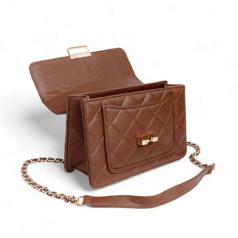 Flora Quilted Crossbody Leather Bag - Tan Brown