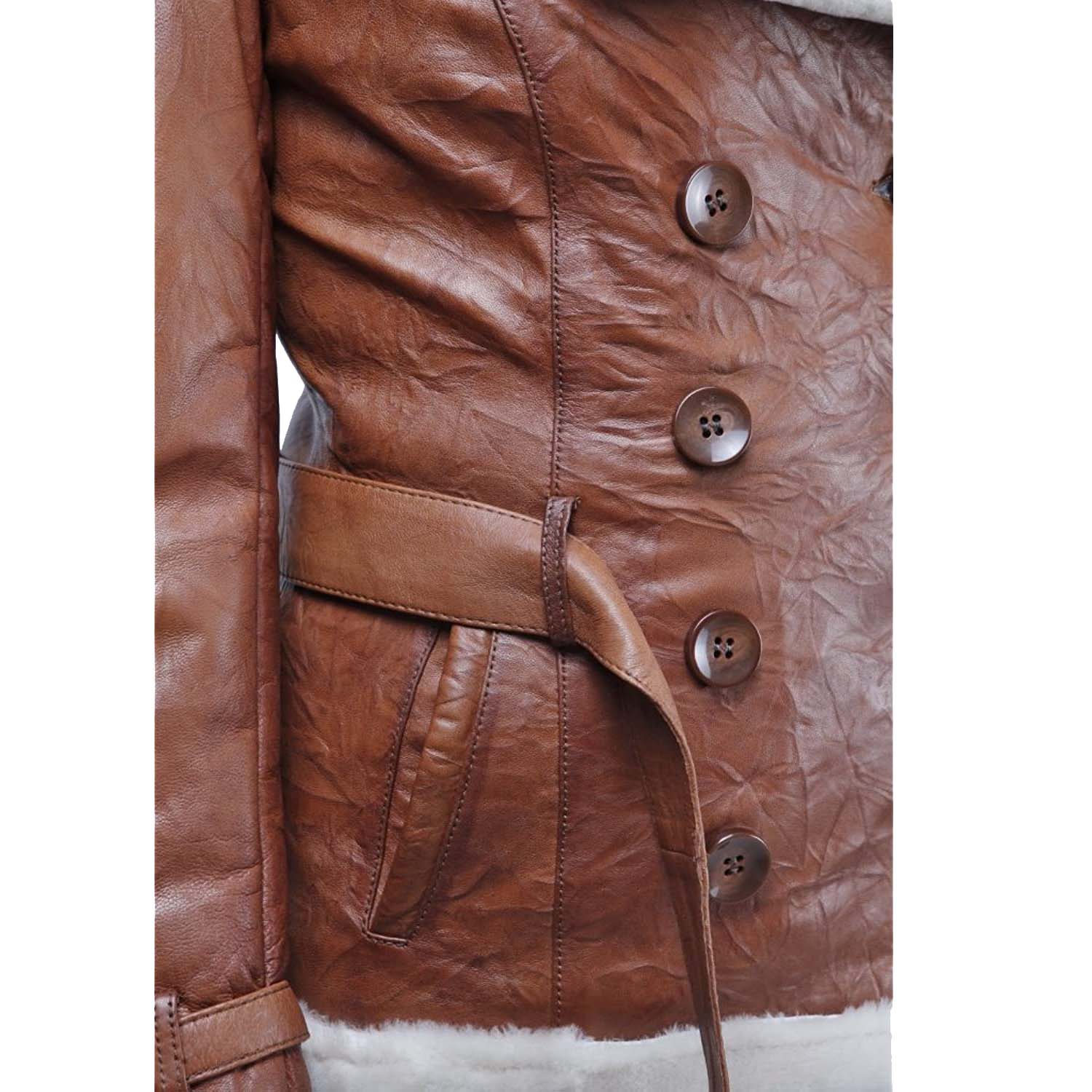Women’s Tan Double Breasted Real Shearling Leather Jacket