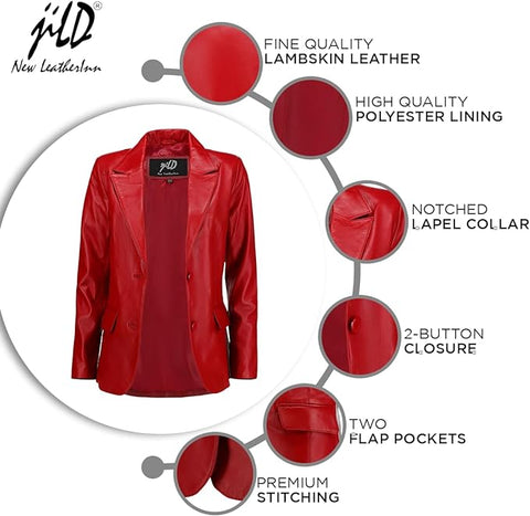 Jild Women's Jild Classic Lambskin Red Leather Blazer Jackets – Jildleather
