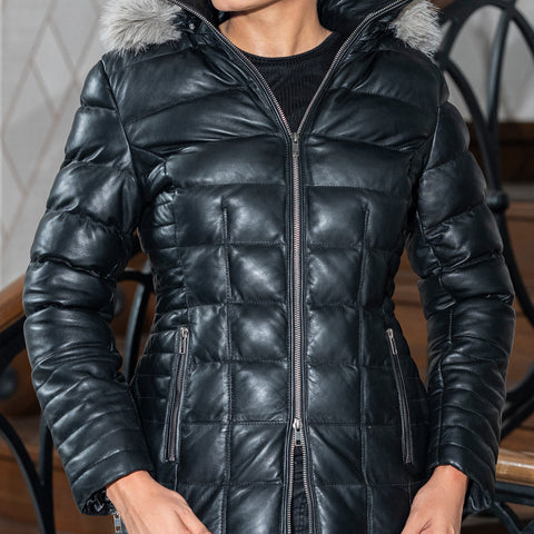 Women's Leather Puffer Jacket