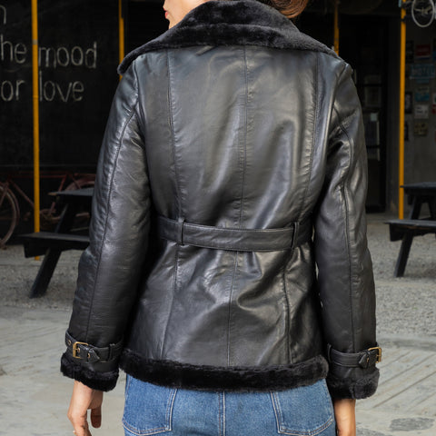 Women’s Black Double Breasted Real Shearling Leather Jacket