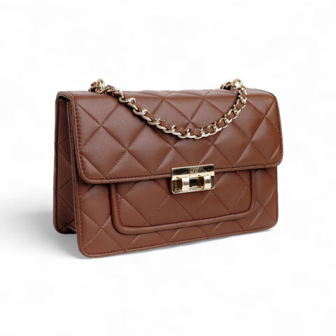 Flora Quilted Crossbody Leather Bag - Tan Brown