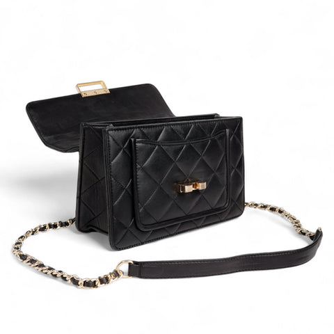 Flora Quilted Crossbody Leather Bag - Black