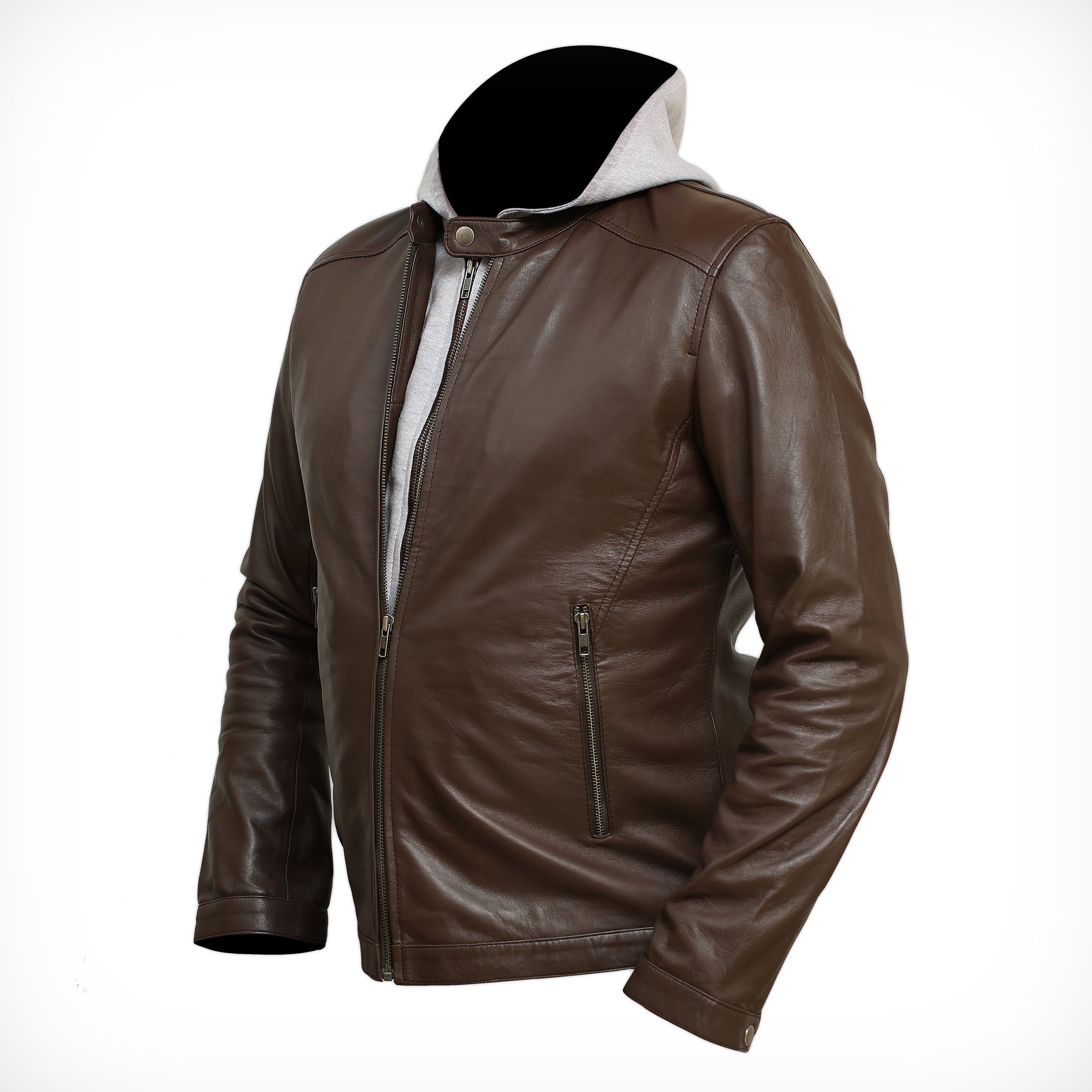 Mens Hooded Bomber Brown Leather Jacket