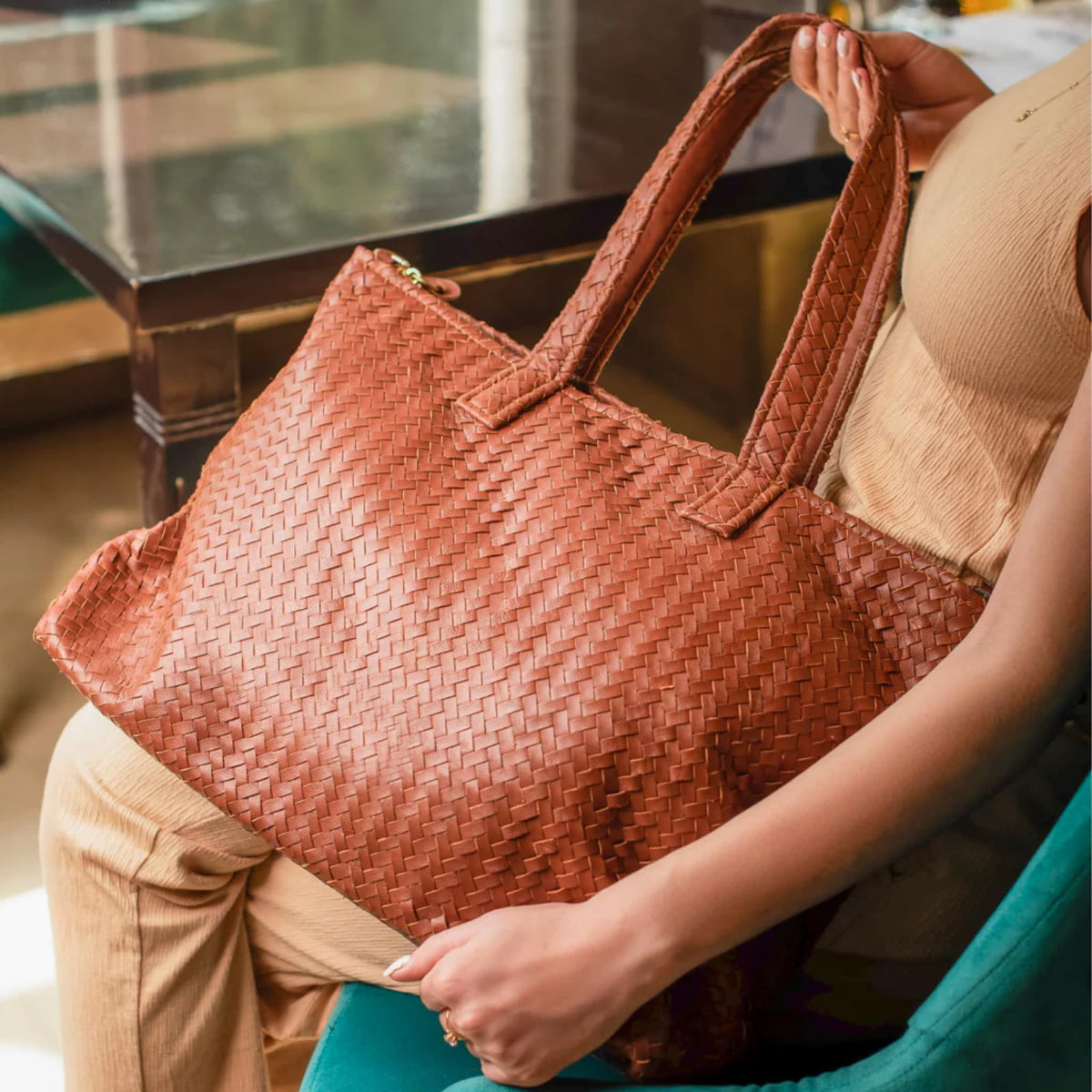 Handmade Woven Original Leather Bag With Zipper-Tan Brown