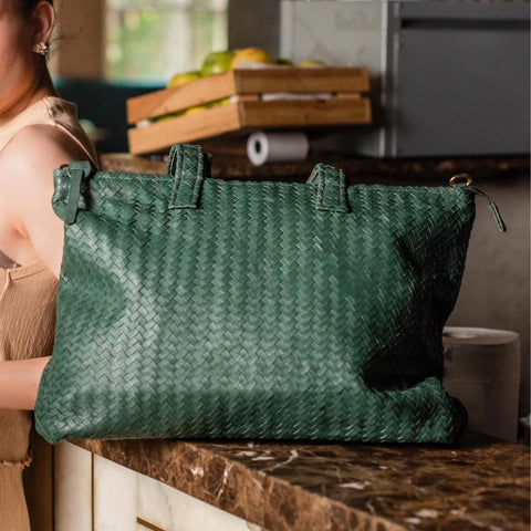 Handmade Woven Original Leather Bag With Zipper-Green