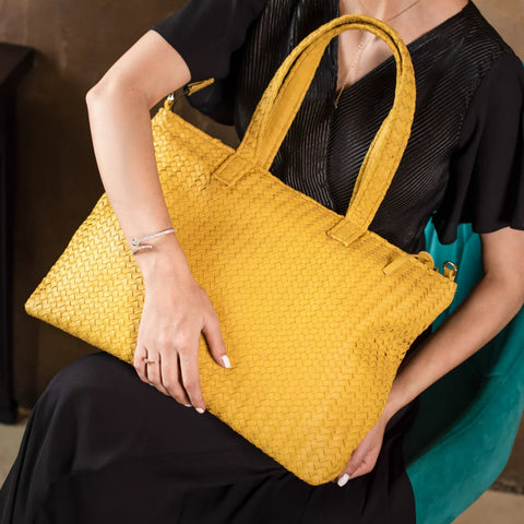 Handmade Woven Original Leather Bag With Zipper-Yellow
