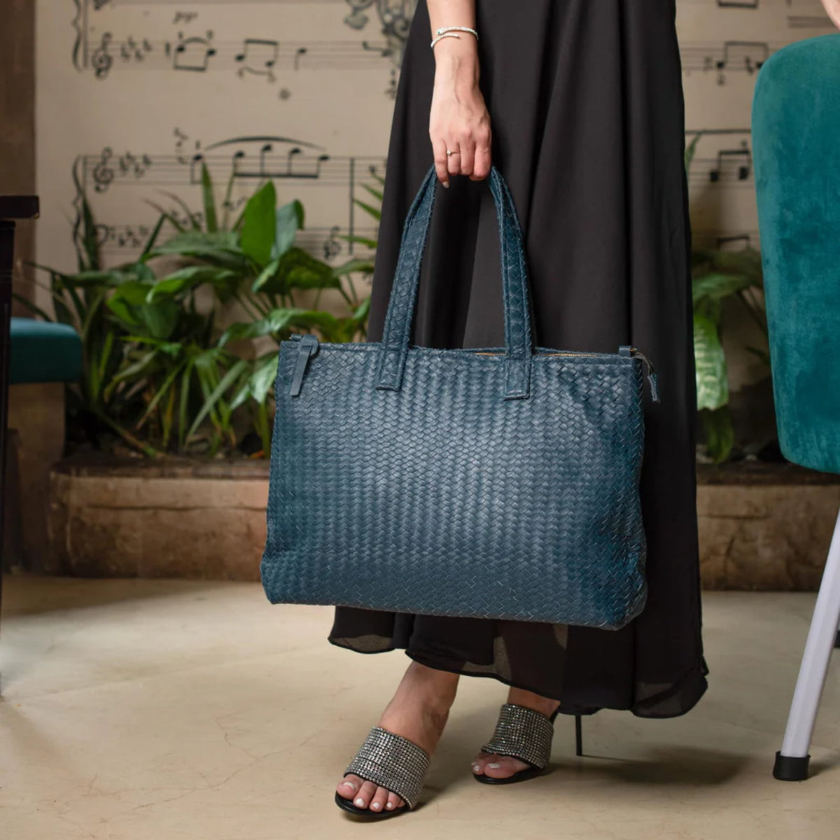 Handmade Woven Original Leather Bag With Zipper-Blue