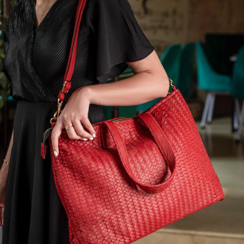 Handmade Woven Original Leather Bag With Zipper-Red