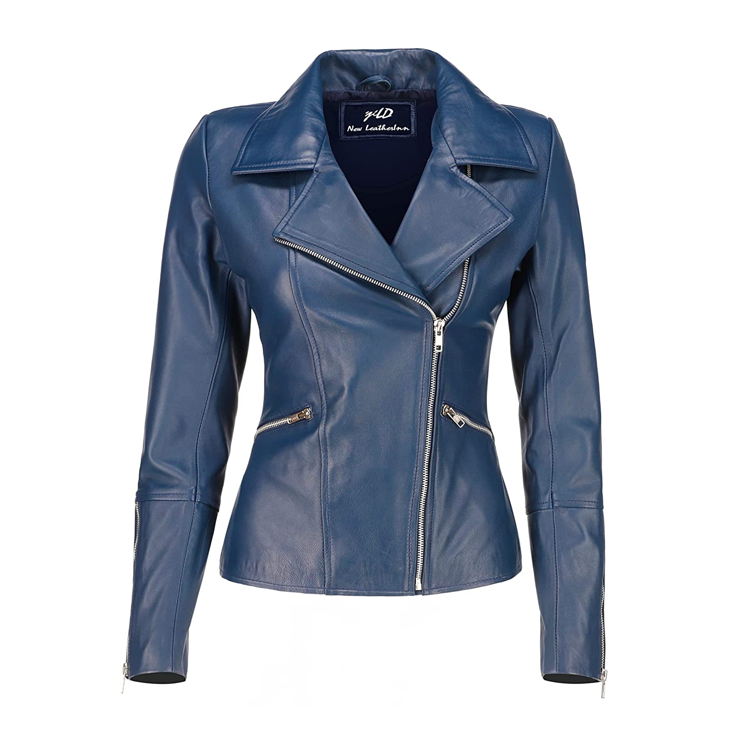 Womens Asymmetrical Biker Blue Leather Jacket