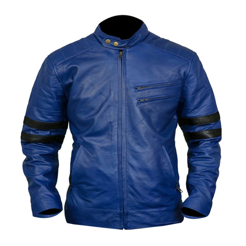 Blue Racing Biker Leather Jacket Black Stripes