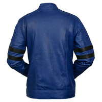 Blue Racing Biker Leather Jacket Black Stripes