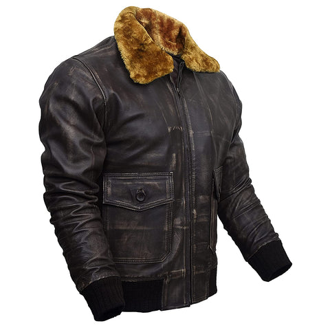 Mens Bomber Style Aviator Fur Collar Leather Jacket