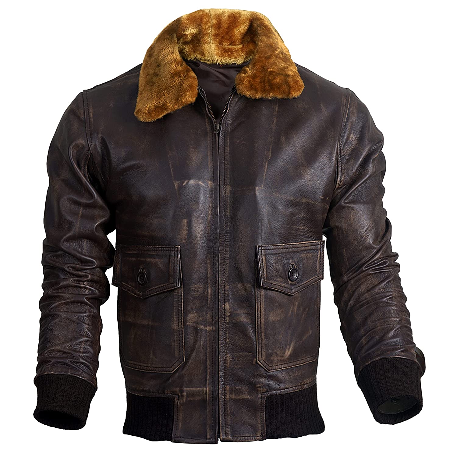Men's Bomber Style Aviator Collar Fur Leather Jacket