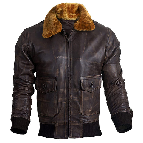 Mens Bomber Style Aviator Fur Collar Leather Jacket