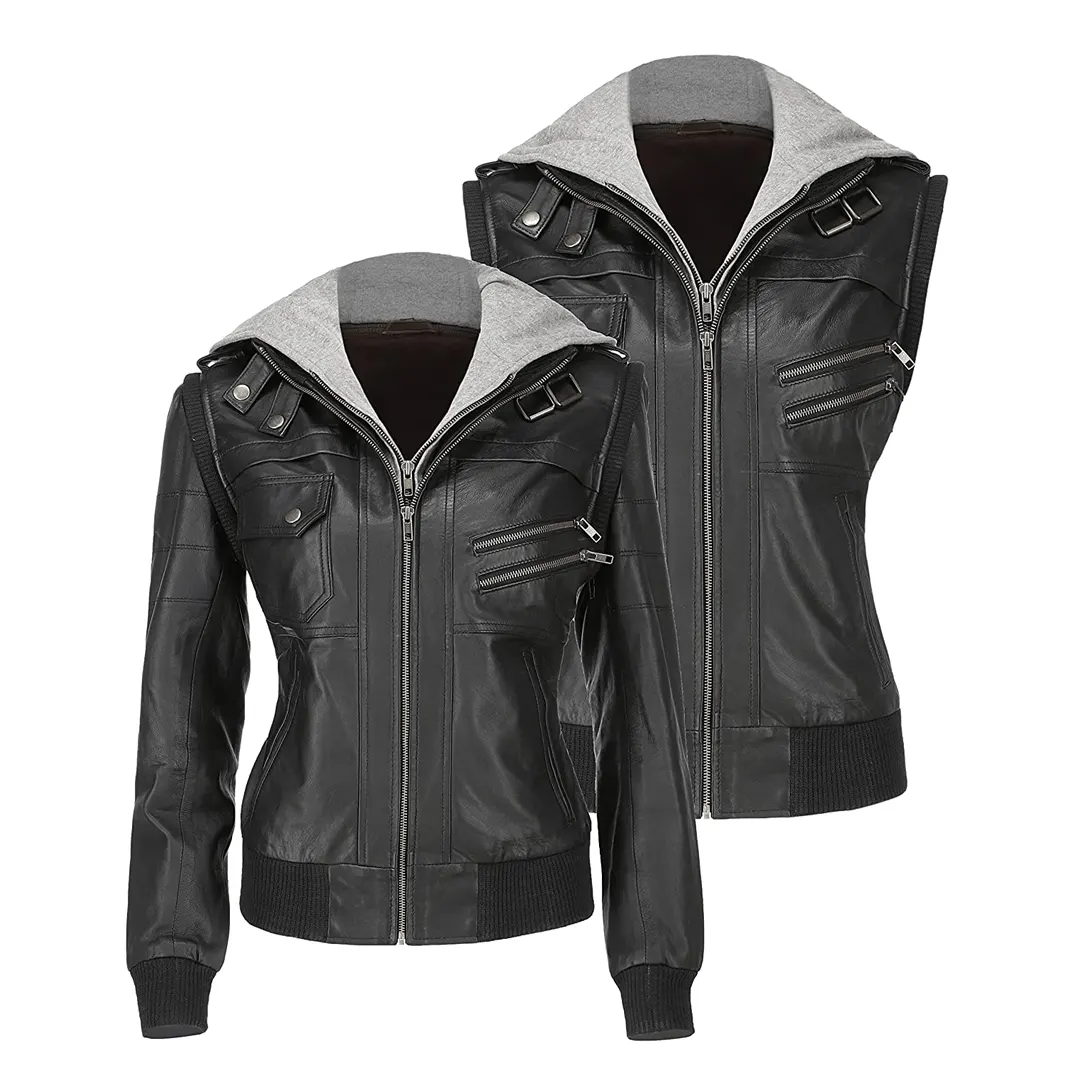 Women's Hooded Black Leather Jacket