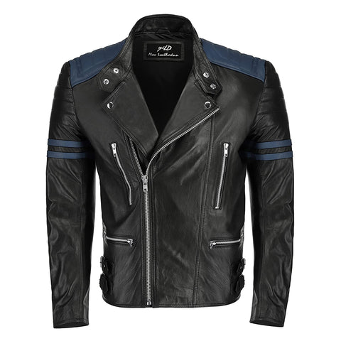 Mens Classic Black Blue Cafe Racer Leather Jacket