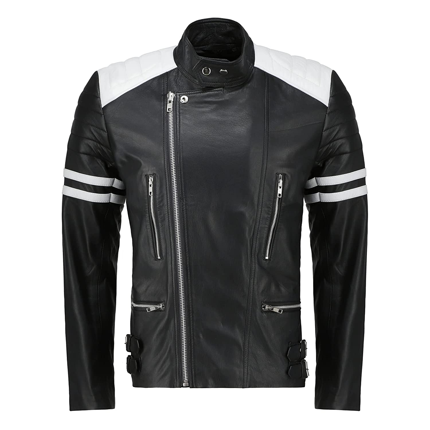 Mens Classic Black White Cafe Racer Leather Jacket