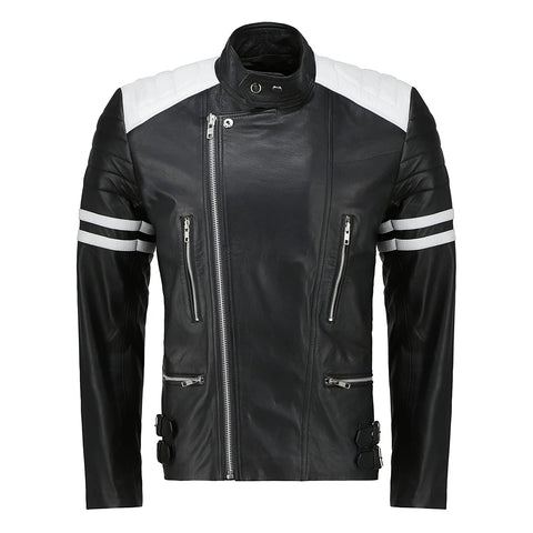 Mens Classic Black White Cafe Racer Leather Jacket