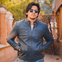 Mens Diamond Style Cafe Racer Blue Leather Jacket