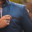 Mens Diamond Style Cafe Racer Blue Leather Jacket