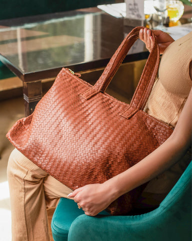 Handmade Woven Original Leather Bag With Zipper-Tan Brown