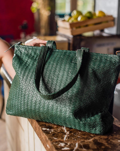 Handmade Woven Original Leather Bag With Zipper-Green