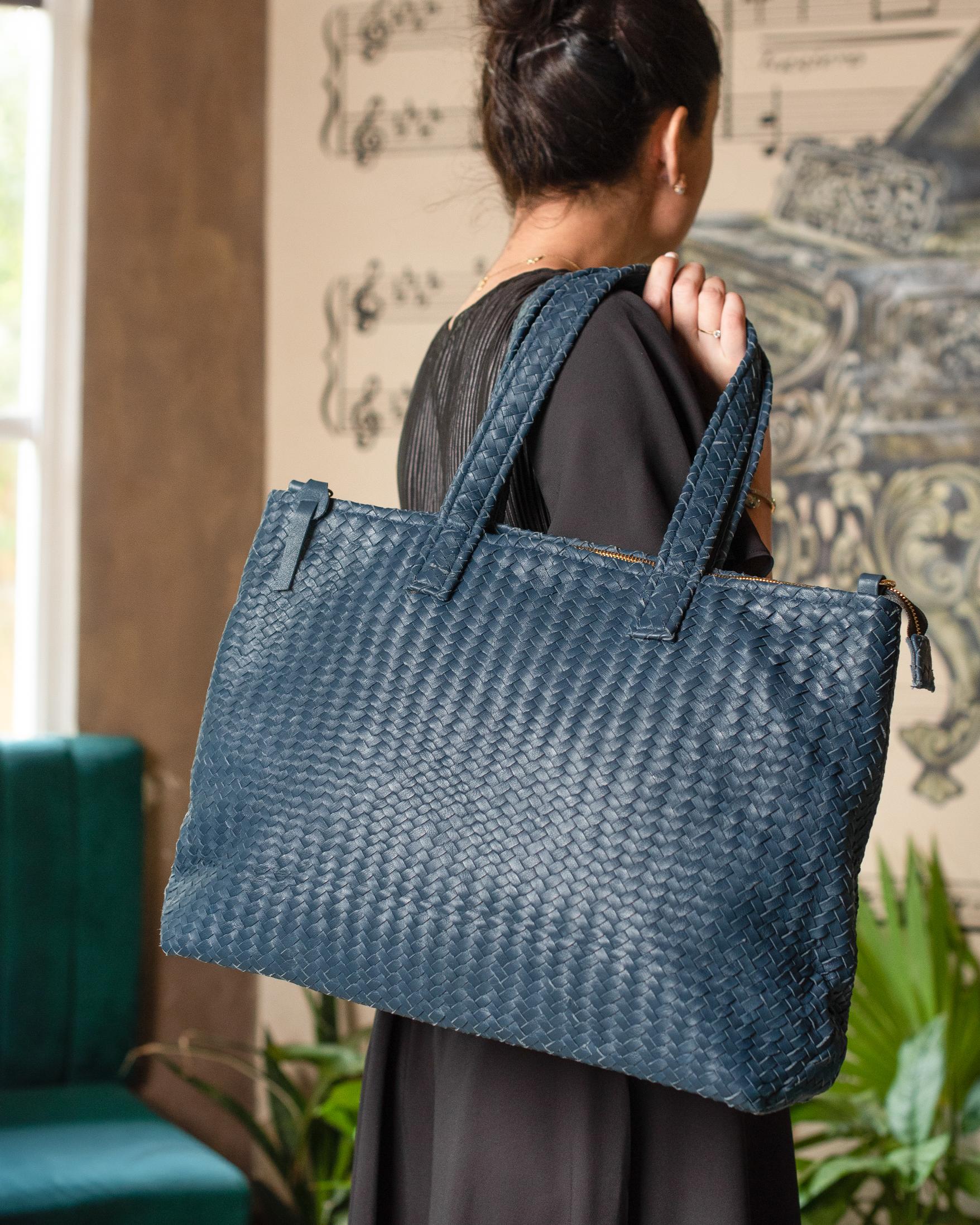 Handmade Woven Original Leather Bag With Zipper-Blue