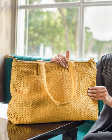 Handmade Woven Original Leather Bag With Zipper-Yellow