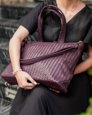 Handmade Woven Original Leather Bag Burgundy With Zipper