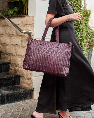 Handmade Woven Original Leather Bag Burgundy With Zipper