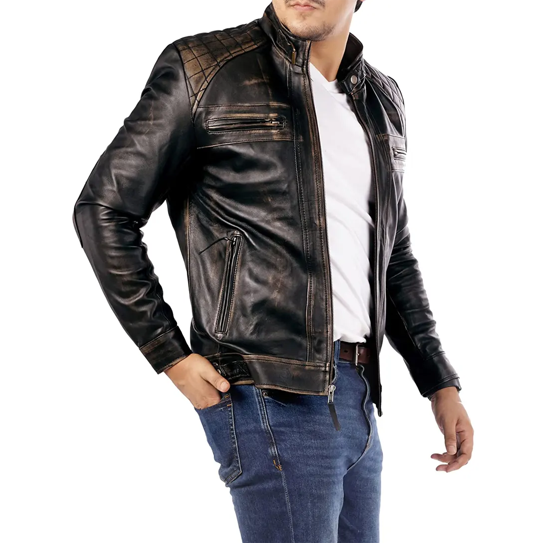 Men's Diamond Style Cafe Racer Distressed Leather Jacket